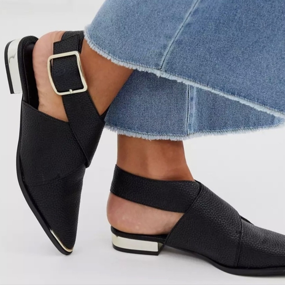 ASOS DESIGN Marco Pointed Flat Shoes Pebbled Vegan Leather Metallic Accent W6